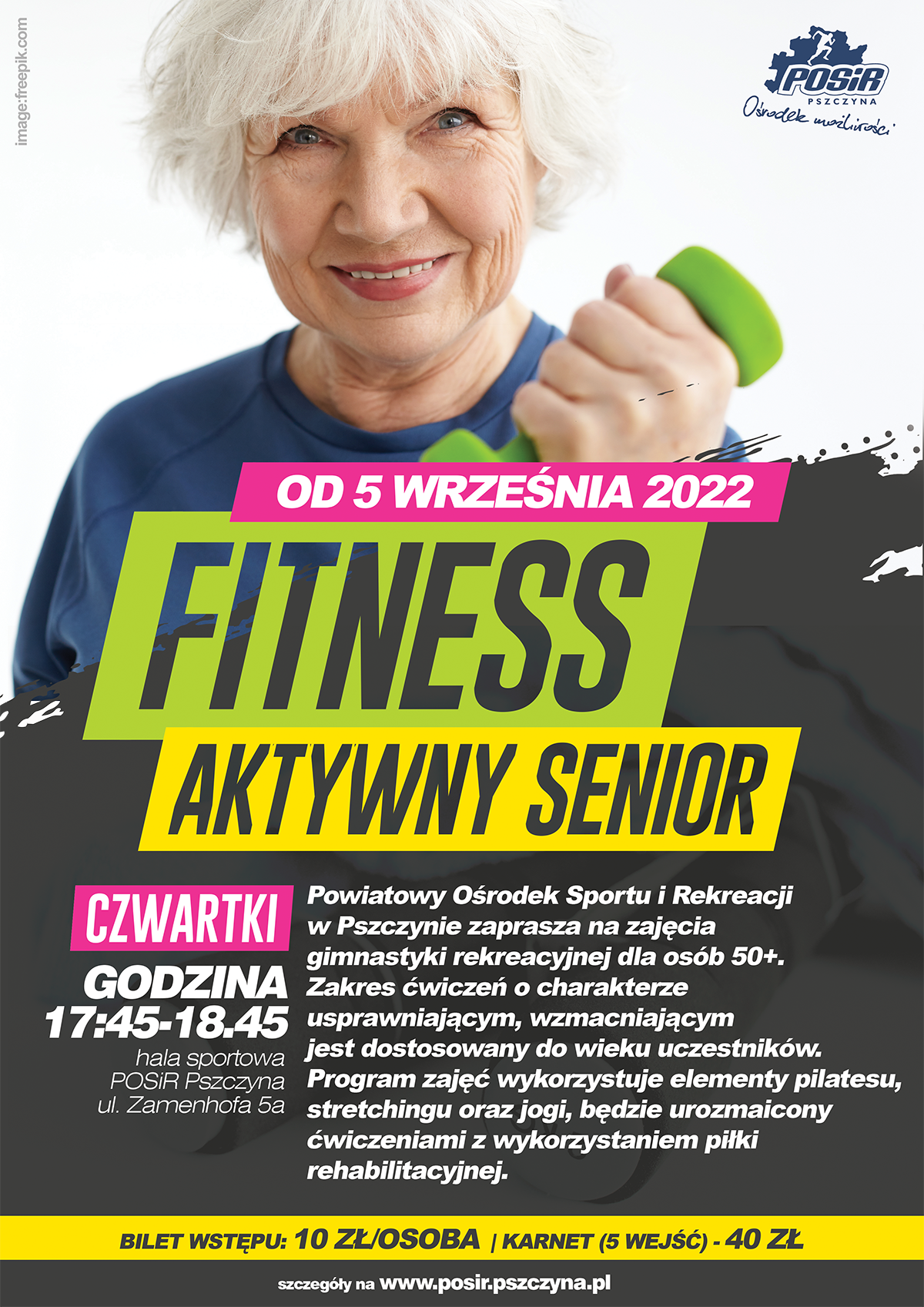 Plakat informacyjny zajęcia fitness aktywny senior; image: freepik.com