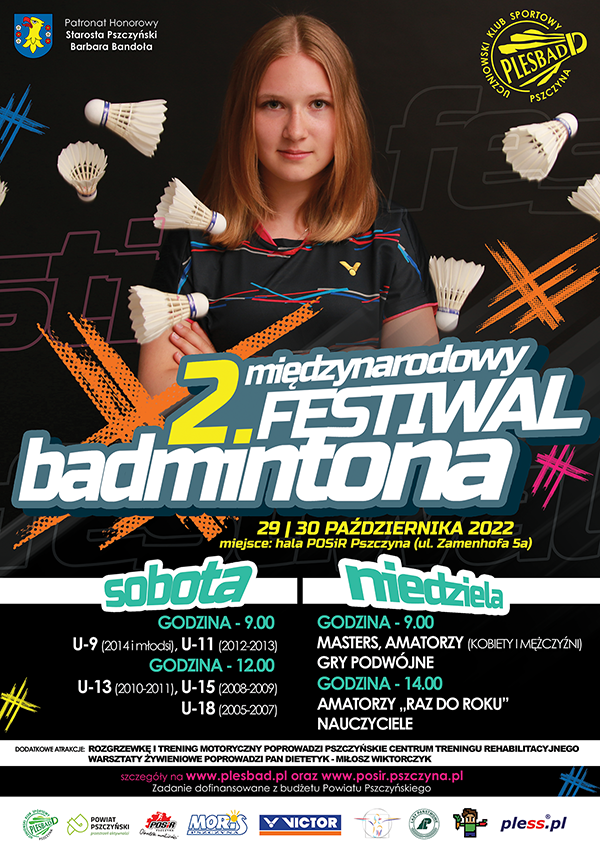 Plakat informacyjny 2. Międzynarodowy Turniej Badmintona (zawodniczka, lotki, tekst informacyjny)