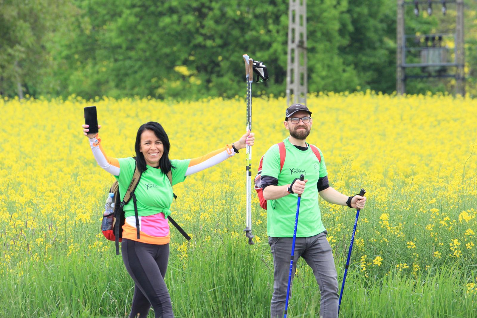 Maraton Nordic Walking 2 osoby na tle kwitnącego żółtego rzepaku