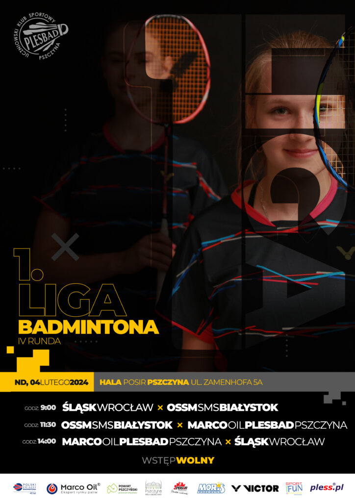 plakat informacyjny 1. liga badmintona
